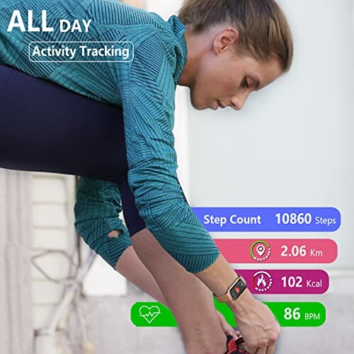 Woman using fitness tracker for step count and activity tracking.