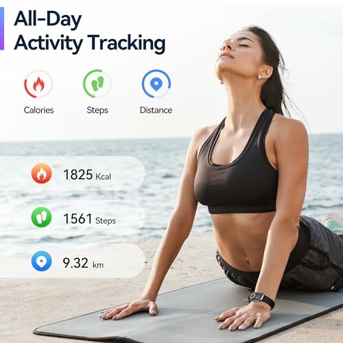 Woman practicing yoga with activity tracking stats displayed.