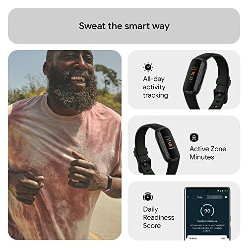 Man jogging with fitness tracker features like activity tracking and readiness score displayed.