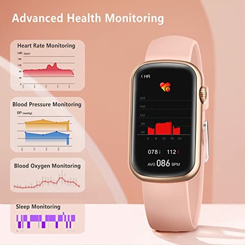 Smartwatch displaying health monitoring features like heart rate, blood pressure, blood oxygen, and sleep tracking.