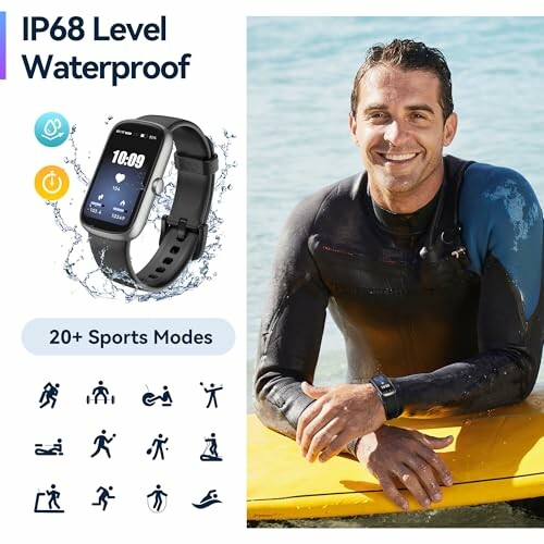 Smartwatch with IP68 waterproof rating and sports modes next to a smiling surfer.