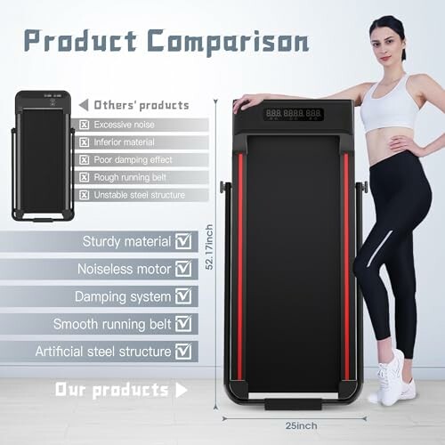 Woman standing next to a treadmill with product comparison chart.